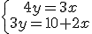\left{\array{4y=3x\\3y=10+2x}